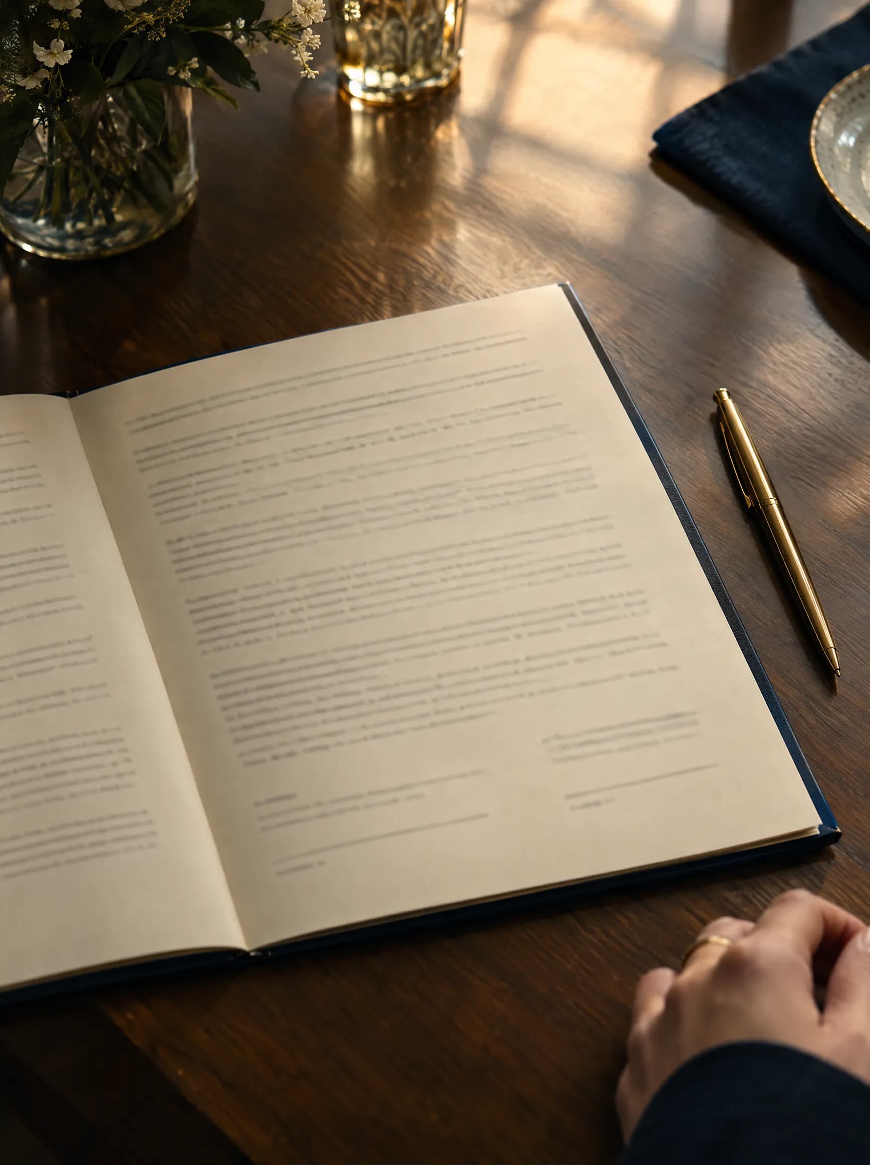 An open contract and a gold pen on a wooden table