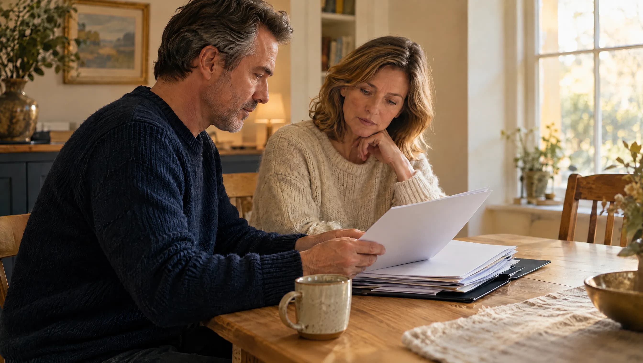 A couple at a kitchen table, the pages turned toward them