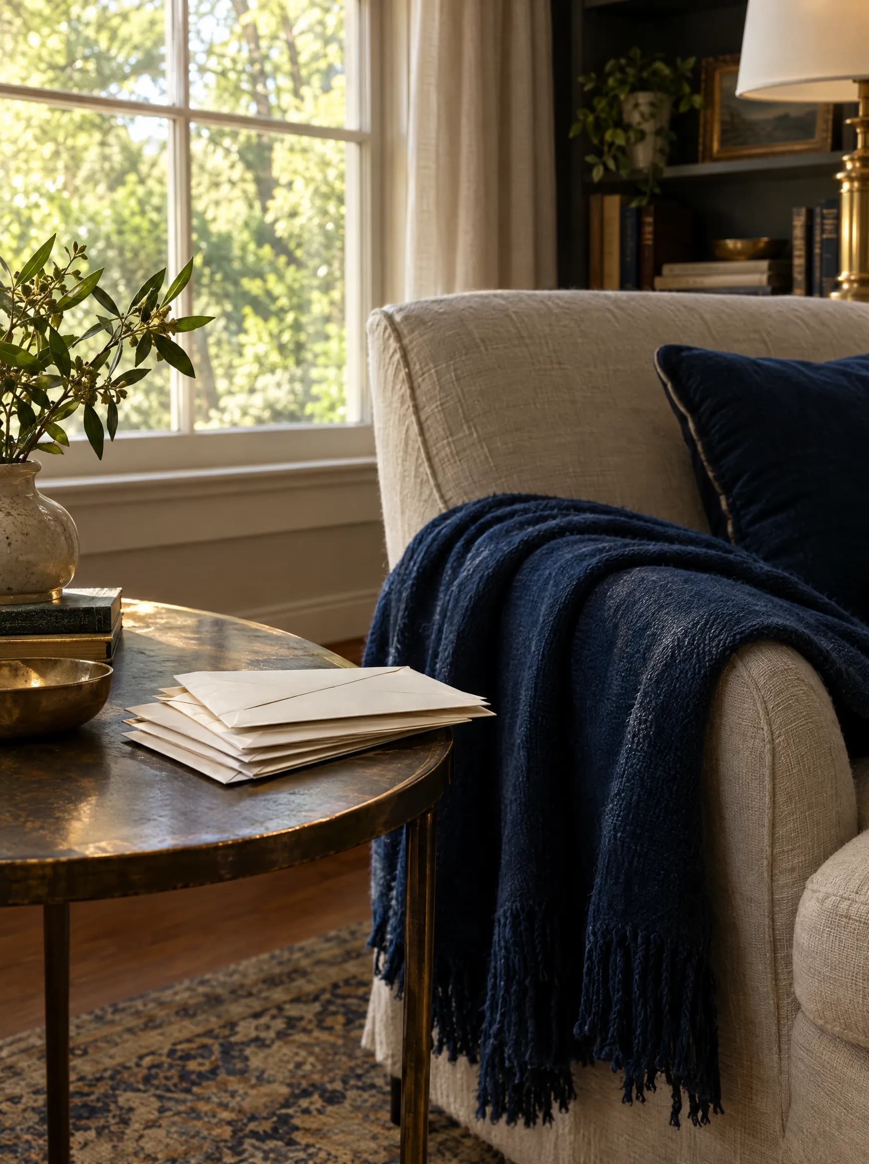 A stack of envelopes on a side table in a quiet living room